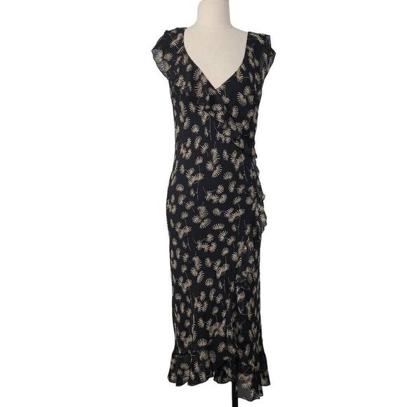 The Limited Silk Ruffle Midi Dress Sz M Black Tan Dandelion Print V-Neck Y2K - Picture 1 of 8